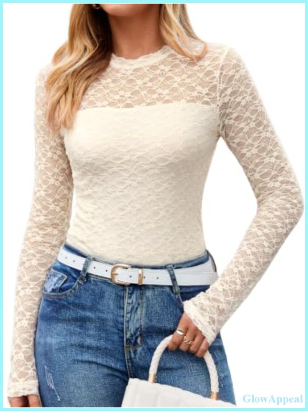 Lace Mesh Sheer Long Sleeve Blouse Mock Neck Slim Fit Going Out Top